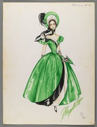 <em>"Fashion and Costume Sketch Collection. Walter Plunkett sketch, green gown for Marianne in 'Green Dolphin Street,' 1947."</em>. Printed material. Brooklyn Museum. (Photo: Brooklyn Museum, SC01.1_box120-2_Plunkett_Green_Dolphin_Street_Marianne_green_gown_1947_PS2.jpg