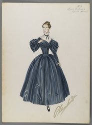 <em>"Fashion and Costume Sketch Collection. Walter Plunkett sketch, dress to leave the opera House for Katherine Hepburn in 'The Sea of Grass,' 1947."</em>. Printed material. Brooklyn Museum. (Photo: Brooklyn Museum, SC01.1_box120-2_Plunkett_Sea_of_Grass_Katherine_Hepburn_dress_to_leave_Opera_House_1947_PS2.jpg