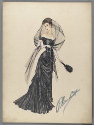 <em>"Fashion and Costume Sketch Collection. Walter Plunkett sketch, black gown with tulle, n.d."</em>. Printed material. Brooklyn Museum. (Photo: Brooklyn Museum, SC01.1_box120-2_Plunkett_black_gown_with_tulle_PS2.jpg