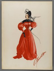 <em>"Fashion and Costume Sketch Collection. Walter Plunkett sketch, red dress, n.d."</em>. Printed material. Brooklyn Museum. (Photo: Brooklyn Museum, SC01.1_box120-2_Plunkett_red_dress_PS2.jpg