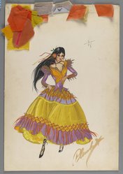 <em>"Fashion and Costume Sketch Collection. Walter Plunkett sketch, Bianca in 'The Kissing Bandit,' 1947."</em>. Printed material. Brooklyn Museum. (Photo: Brooklyn Museum, SC01.1_box120-3_Plunkett_The_Kissing_Bandit_Bianca_1947_PS2.jpg