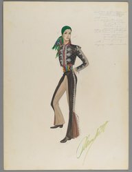 <em>"Fashion and Costume Sketch Collection. Walter Plunkett sketch, girl in pants and bandana for 'The Kissing Bandit,' 1947."</em>. Printed material. Brooklyn Museum. (Photo: Brooklyn Museum, SC01.1_box121-1_Plunkett_The_Kissing_Bandit_girl_in_pants_and_bandana_1947_PS2.jpg