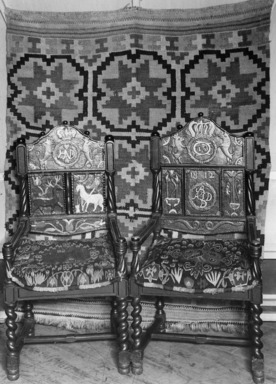 Scandinavian Hand Weavings: 1650-1925. [11/01/1978 - 03/21/1979]. Installation view: peasant chairs.