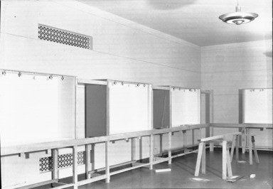 Art Techniques of Ceramics, Presented by Rockefeller Foundation Internes. [06/24/1937 - 10/27/1937]. Installation view: general view of cases in process of construction.