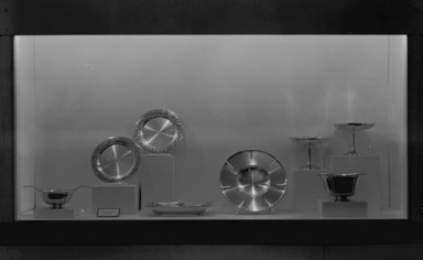 Contemporary Silver. [11/20/1937 - 01/23/1938]. Installation view: sterling silver installation in case. Designed and executed by Clara B. Welles, Chicago Ill. Not owned by Museum.