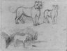 Two Standing Lionesses and a Horse