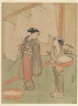 Young Girl and Servant Drying Japanese Fine Noodles
