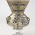  <em>Mosque Lamp</em>, 13th-14th century. Colorless glass; blue, green, red, yellow, and white enamels; and gold;  free blown, applied, enameled, and gilded; tooled on the pontil, includes base, now detached: 12 x 8 in. (30.5 x 20.3 cm). Brooklyn Museum, Bequest of William H. Herriman, 21.484. Creative Commons-BY (Photo: Brooklyn Museum, 21.484_during_treatment_view4_PS9.jpg)