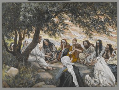 James Tissot (Nantes, France, 1836–1902, Chenecey–Buillon, France). <em>The Exhortation to the Apostles (Recommandation aux apôtres)</em>, 1886–1896. Opaque watercolor over graphite on gray wove paper, Image: 6 1/2 x 8 3/4 in. (16.5 x 22.2 cm). Brooklyn Museum, Purchased by public subscription, 00.159.129 (Photo: Brooklyn Museum, 00.159.129_PS2.jpg)