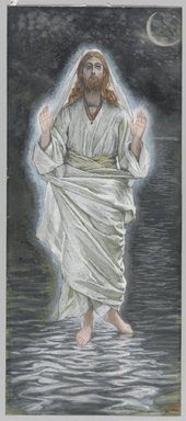 James Tissot (Nantes, France, 1836–1902, Chenecey-Buillon, France). <em>Jesus Walks on the Sea (Jésus marche sur la mer)</em>, 1886-1894. Opaque watercolor over graphite on green wove paper, Image: 11 3/16 x 4 13/16 in. (28.4 x 12.2 cm). Brooklyn Museum, Purchased by public subscription, 00.159.138 (Photo: Brooklyn Museum, 00.159.138_PS1.jpg)