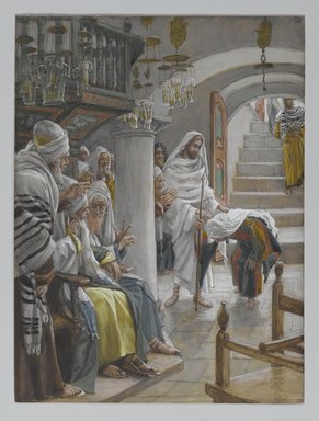 James Tissot (Nantes, France, 1836–1902, Chenecey-Buillon, France). <em>The Woman with an Infirmity of Eighteen Years (La femme malade depuis dix-huit ans)</em>, 1886-1896. Opaque watercolor over graphite on gray wove paper, Image: 9 1/2 x 7 1/8 in. (24.1 x 18.1 cm). Brooklyn Museum, Purchased by public subscription, 00.159.144 (Photo: Brooklyn Museum, 00.159.144_PS2.jpg)
