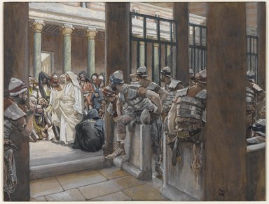 James Tissot (Nantes, France, 1836–1902, Chenecey-Buillon, France). <em>But No Man Laid Hands Upon Him (Les satellites ne prirent point Jésus)</em>, 1886-1896. Opaque watercolor over graphite on gray wove paper, Image: 6 5/16 x 8 1/4 in. (16 x 21 cm). Brooklyn Museum, Purchased by public subscription, 00.159.168 (Photo: Brooklyn Museum, 00.159.168_PS1.jpg)