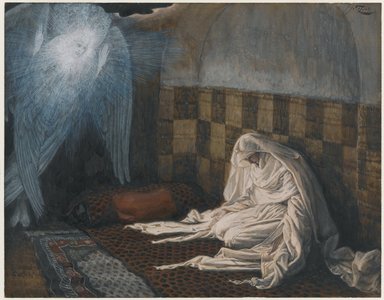 James Tissot (Nantes, France, 1836–1902, Chenecey–Buillon, France). <em>The Annunciation (L'annonciation)</em>, 1886–1894. Opaque watercolor over graphite on gray wove paper, Image: 6 11/16 x 8 9/16 in. (17 x 21.7 cm). Brooklyn Museum, Purchased by public subscription, 00.159.16 (Photo: Brooklyn Museum, 00.159.16_PS1.jpg)