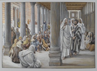 James Tissot (Nantes, France, 1836–1902, Chenecey-Buillon, France). <em>Jesus Walks in the Portico of Solomon (Jésus se promène dans le portique de Salomon)</em>, 1886-1896. Opaque watercolor over graphite on gray wove paper, Image: 7 3/8 x 10 7/16 in. (18.7 x 26.5 cm). Brooklyn Museum, Purchased by public subscription, 00.159.177 (Photo: Brooklyn Museum, 00.159.177_PS2.jpg)