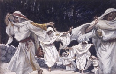 James Tissot (Nantes, France, 1836–1902, Chenecey-Buillon, France). <em>The Foolish Virgins (Les vierges folles)</em>, 1886-1894. Opaque watercolor over graphite on gray wove paper, Image: 7 1/8 x 10 3/8 in. (18.1 x 26.4 cm). Brooklyn Museum, Purchased by public subscription, 00.159.180 (Photo: Brooklyn Museum, 00.159.180_transp5913.jpg)