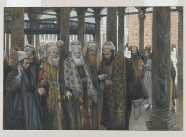 James Tissot (Nantes, France, 1836–1902, Chenecey–Buillon, France). <em>The Chief Priests Take Counsel Together (Les princes des prêtres se consultent)</em>, 1886–1894. Opaque watercolor over graphite on gray wove paper, Image: 7 1/8 x 10 5/16 in. (18.1 x 26.2 cm). Brooklyn Museum, Purchased by public subscription, 00.159.196 (Photo: Brooklyn Museum, 00.159.196_PS2.jpg)