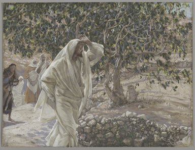 James Tissot (Nantes, France, 1836–1902, Chenecey-Buillon, France). <em>The Accursed Fig Tree (Le figuier maudit)</em>, 1886-1894. Opaque watercolor over graphite on gray wove paper, Image: 8 3/8 x 11 in. (21.3 x 27.9 cm). Brooklyn Museum, Purchased by public subscription, 00.159.197 (Photo: Brooklyn Museum, 00.159.197_PS2.jpg)