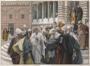 James Tissot (French, 1836-1902). <em>The Tribute Money (Le denier de César)</em>, 1886-1894. Opaque watercolor over graphite on gray wove paper, Image: 7 5/8 x 10 7/16 in. (19.4 x 26.5 cm). Brooklyn Museum, Purchased by public subscription, 00.159.206 (Photo: Brooklyn Museum, 00.159.206_PS1.jpg)