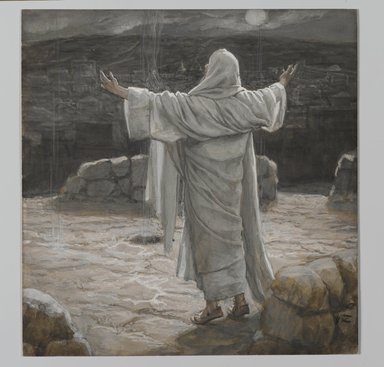 James Tissot (French, 1836-1902). <em>Christ Retreats to the Mountain at Night (Jésus se retira la nuit sur la montagne)</em>, 1886-1894. Opaque watercolor over graphite on gray wove paper, Image: 7 1/2 x 7 1/4 in. (19.1 x 18.4 cm). Brooklyn Museum, Purchased by public subscription, 00.159.217 (Photo: Brooklyn Museum, 00.159.217_PS2.jpg)