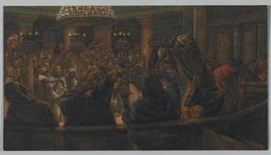 James Tissot (Nantes, France, 1836–1902, Chenecey-Buillon, France). <em>The Torn Cloak--Jesus Condemned to Death by the Jews (Le manteau déchiré. Jésus condamné à mort par les Juifs.)</em>, 1886-1894. Opaque watercolor over graphite on gray wove paper, Image: 7 9/16 x 13 13/16 in. (19.2 x 35.1 cm). Brooklyn Museum, Purchased by public subscription, 00.159.248 (Photo: Brooklyn Museum, 00.159.248_PS2.jpg)