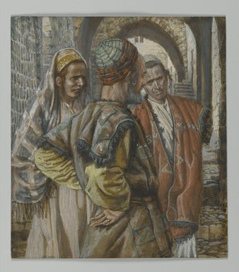 James Tissot (French, 1836-1902). <em>Simon the Cyrenian and His Two Sons Alexander and Rufus (Simon de Cyrène et ses deux fils, Alexandre et Rufus)</em>, 1886-1894. Opaque watercolor over graphite on gray wove paper, Image: 6 7/16 x 5 3/4 in. (16.4 x 14.6 cm). Brooklyn Museum, Purchased by public subscription, 00.159.282 (Photo: Brooklyn Museum, 00.159.282_PS2.jpg)