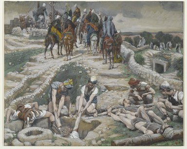 James Tissot (French, 1836-1902). <em>Jesus Taken from the Cistern (Jésus tiré de la citerne)</em>, 1886-1894. Opaque watercolor over graphite on gray wove paper, Image: 8 3/8 x 10 7/16 in. (21.3 x 26.5 cm). Brooklyn Museum, Purchased by public subscription, 00.159.289 (Photo: Brooklyn Museum, 00.159.289_PS2.jpg)