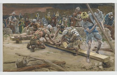 James Tissot (Nantes, France, 1836–1902, Chenecey-Buillon, France). <em>The Nail for the Feet (Le clou des pieds)</em>, 1886-1894. Opaque watercolor over graphite on gray wove paper, Image: 9 7/16 x 15 3/8 in. (24 x 39.1 cm). Brooklyn Museum, Purchased by public subscription, 00.159.293 (Photo: Brooklyn Museum, 00.159.293_PS2.jpg)