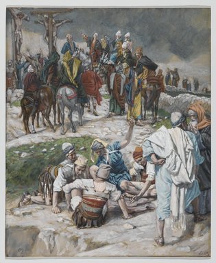 James Tissot (French, 1836-1902). <em>The Garments Divided by Cast Lots (Les vêtements tirés au sort)</em>, 1886-1894. Opaque watercolor over graphite on gray wove paper, Image: 10 3/16 x 8 5/16 in. (25.9 x 21.1 cm). Brooklyn Museum, Purchased by public subscription, 00.159.297 (Photo: Brooklyn Museum, 00.159.297_PS2.jpg)