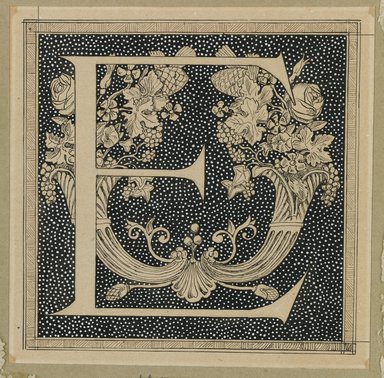 James Tissot (French, 1836-1902). <em>Capital Letter E</em>, 1886-1894. Ink on paper mounted on board
, Sheet: 4 5/8 x 4 5/8 in. (11.8 x 11.8 cm). Brooklyn Museum, Purchased by public subscription, 00.159.352.5 (Photo: Brooklyn Museum, 00.159.352.5_IMLS_PS3.jpg)