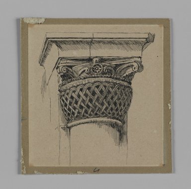 James Tissot (Nantes, France, 1836–1902, Chenecey-Buillon, France). <em>Capital from the Mosque of El-Aksa (Chapiteau de la mosquée d'El Aksa)</em>, 1886-1887 or 1889. Pen and ink on paper mounted on board, Sheet: 3 1/2 x 3 5/16 in. (8.9 x 8.4 cm). Brooklyn Museum, Purchased by public subscription, 00.159.359.4 (Photo: Brooklyn Museum, 00.159.359.4_IMLS_PS3.jpg)