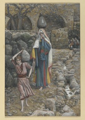 James Tissot (Nantes, France, 1836–1902, Chenecey-Buillon, France). <em>Jesus and his Mother at the Fountain (Jésus et sa mère à la fontaine)</em>, 1886-1894. Opaque watercolor over graphite on gray wove paper, Image: 8 1/4 x 5 9/16 in. (21 x 14.1 cm). Brooklyn Museum, Purchased by public subscription, 00.159.38 (Photo: Brooklyn Museum, 00.159.38_PS2.jpg)