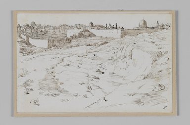 James Tissot (Nantes, France, 1836–1902, Chenecey–Buillon, France). <em>Jerusalem, South-East Corner, Taken from the Road to Bethany (Jérusalem, angle sud-est, prise de la route de Béthanie)</em>, 1886–1887 or 1889. Pen and ink on paper mounted on board, Sheet: 4 11/16 x 7 5/16 in. (11.9 x 18.6 cm). Brooklyn Museum, Purchased by public subscription, 00.159.399 (Photo: Brooklyn Museum, 00.159.399_IMLS_PS3.jpg)