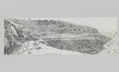 James Tissot (Nantes, France, 1836–1902, Chenecey–Buillon, France). <em>Valley of Jehoshaphat Looking Towards Siloam</em>, 1886–1887 or 1889. Pen and ink on paper mounted on board, Sheet: 4 11/16 x 14 3/16 in. (11.9 x 36 cm). Brooklyn Museum, Purchased by public subscription, 00.159.411 (Photo: Brooklyn Museum, 00.159.411_IMLS_PS3.jpg)