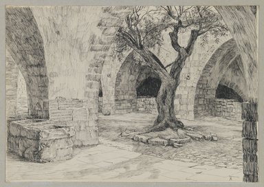 James Tissot (Nantes, France, 1836–1902, Chenecey-Buillon, France). <em>Out-buildings of the Armenian Convent, Jerusalem</em>, 1886-1887 or 1889. Ink on paper mounted on board, Sheet: 5 5/16 x 7 9/16 in. (13.5 x 19.2 cm). Brooklyn Museum, Purchased by public subscription, 00.159.449 (Photo: Brooklyn Museum, 00.159.449_IMLS_PS3.jpg)