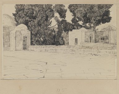 James Tissot (Nantes, France, 1836–1902, Chenecey-Buillon, France). <em>Rear of the Mosque of Omar</em>, 1886-1887 or 1889. Ink and graphite on paperboard, Image: 6 9/16 x 10 in. (16.7 x 25.4 cm). Brooklyn Museum, Purchased by public subscription, 00.159.452 (Photo: Brooklyn Museum, 00.159.452_IMLS_PS3.jpg)