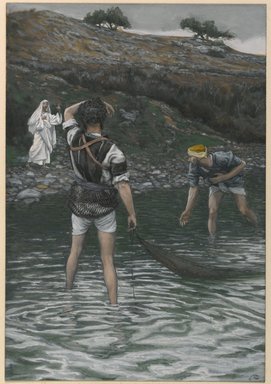 James Tissot (Nantes, France, 1836–1902, Chenecey-Buillon, France). <em>The Calling of Saint Peter and Saint Andrew (Vocation de Saint Pierre et Saint André)</em>, 1886-1894. Opaque watercolor over graphite on gray wove paper, Image: 9 5/8 x 6 5/8 in. (24.4 x 16.8 cm). Brooklyn Museum, Purchased by public subscription, 00.159.56 (Photo: Brooklyn Museum, 00.159.56_PS1.jpg)