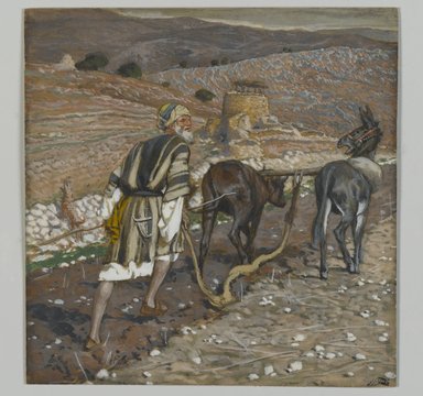 James Tissot (Nantes, France, 1836–1902, Chenecey-Buillon, France). <em>The Man at the Plough (L'homme à la charrue)</em>, 1886-1894. Opaque watercolor over graphite on gray wove paper, Image: 5 3/8 x 5 5/16 in. (13.7 x 13.5 cm). Brooklyn Museum, Purchased by public subscription, 00.159.74 (Photo: Brooklyn Museum, 00.159.74_PS2.jpg)