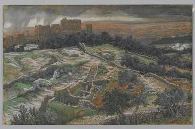 James Tissot (Nantes, France, 1836–1902, Chenecey-Buillon, France). <em>Reconstruction of Golgotha and the Holy Sepulchre, Seen from the Walls of the Judicial Gate (Calvary).  (Reconstitution du Golgotha et du Saint-Sépulcre. Vu des murs de la porte judiciare. [Calvaire.])</em>, 1886-1894. Opaque watercolor over graphite on gray wove paper, Image: 9 x 14 3/16 in. (22.9 x 36 cm). Brooklyn Museum, Purchased by public subscription, 00.159.8 (Photo: Brooklyn Museum, 00.159.8_PS2.jpg)