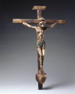 Attributed to José Rafael Aragón (ca. 1795-1862). <em>Crucifix</em>, ca. 1820-1862. Pine, leather, gesso, water-based paints, Cross: 22 1/2 x 14 1/2 in. (57.2 x 36.8 cm). Brooklyn Museum, Brooklyn Museum Collection, 02.257.2427. Creative Commons-BY (Photo: Brooklyn Museum, 02.257.2427_SL1.jpg)