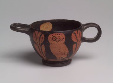 Greek. <em>Red-Figure Skyphos</em>, later part of 5th century C.E. Clay, slip, 2 3/16 x 4 15/16 in. (5.5 x 12.5 cm). Brooklyn Museum, Gift of Robert B. Woodward, 03.18. Creative Commons-BY (Photo: Brooklyn Museum, 03.18_view1.jpg)