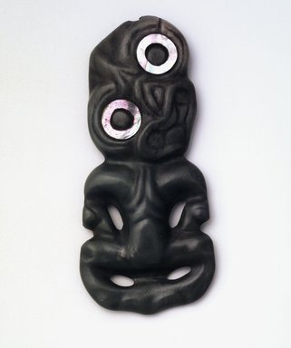 Maori. <em>Pendant (Hei-tiki)</em>, 18th or early 19th century. Nephrite, sealing wax, pāua shell, 4 1/2 x 2 x 1/2 in  (11.4 x 5.1x 1.3 cm). Brooklyn Museum, Brooklyn Museum Collection, 03.211. Creative Commons-BY (Photo: Brooklyn Museum, 03.211.jpg)