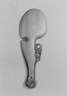 Maori. <em>Club (Wahaika)</em>, ca. 1900. Wood, pāua shell, 16 1/8 x 5 1/2 x 13/16 in.  (41.0 x 14.0 x 2.0 cm). Brooklyn Museum, Purchased with funds given by A. Augustus Healy, Carll de Silver and Robert B. Woodward, 03.324.2791a. Creative Commons-BY (Photo: Brooklyn Museum, 03.324.2791_acetate_bw.jpg)