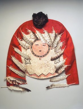 Jasha-a (She-we-na (Zuni Pueblo)). <em>Dance Shield (A Lan Nai)</em>, 1903. Hide, pigment, wool, feathers, cotton string, 34 1/2 x 30 1/2 x 2 1/4 in. (87.6 x 77.5 x 5.7 cm). Brooklyn Museum, Museum Expedition 1903, Museum Collection Fund, 03.325.3504. Creative Commons-BY (Photo: Brooklyn Museum, 03.325.3504_transp6361.jpg)