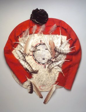 Jasha-a (She-we-na (Zuni Pueblo)). <em>Dance Shield (Al Lan Nai)</em>, 1903. Hide, pigment, wool, feathers, cotton string, 37 x 29 x 4 in. (94 x 73.7 x 10.2 cm). Brooklyn Museum, Museum Expedition 1903, Museum Collection Fund, 03.325.3505. Creative Commons-BY (Photo: Brooklyn Museum, 03.325.3505_transp6360.jpg)