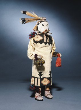 A:shiwi (Zuni Pueblo). <em>Kachina Doll (Kyanaque Kahana)</em>, late 19th century. Wood, pigments, cotton, hide, wool, feather, paper, metal, 15 x 5 x 3 1/2 in. (38.1 x 12.7 x 8.9 cm). Brooklyn Museum, Museum Expedition 1903, Museum Collection Fund, 03.325.4623. Creative Commons-BY (Photo: Brooklyn Museum, 03.325.4623_SL1.jpg)