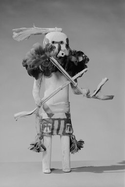 A:shiwi (Zuni Pueblo). <em>Kachina Doll (Salamopea Kohana Ansuwa)</em>, late 19th century. Wood, pigment, metal, feathers, paper, cotton, wool, yucca, 15 1/2 x 9 3/4 x 5 1/2 in (40.0 x 14.5 cm). Brooklyn Museum, Museum Expedition 1903, Museum Collection Fund, 03.325.4657. Creative Commons-BY (Photo: Brooklyn Museum, 03.325.4657_acetate_bw.jpg)