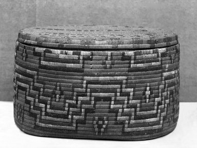 Pima. <em>Storage Basket with traces of painted design</em>. Fiber, pigment, (31 x 37 cm). Brooklyn Museum, Brooklyn Museum Collection, 04.254. Creative Commons-BY (Photo: Brooklyn Museum, 04.254_glass_bw.jpg)