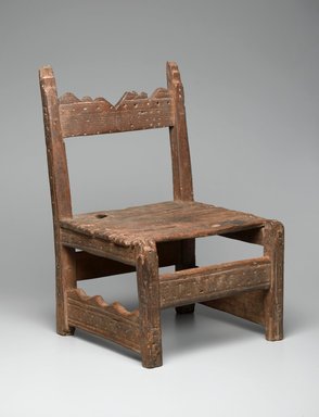 A:shiwi (Zuni Pueblo). <em>Chair (tsem-pai-yau-nai)</em>, ca. 1850. Wood, stain, iron nails, 22 1/2 x 14 1/2 x 13 1/4in. (57.2 x 36.8 x 33.7cm). Brooklyn Museum, Museum Expedition 1904, Museum Collection Fund, 04.297.5130. Creative Commons-BY (Photo: Brooklyn Museum, 04.297.5130_threequarter_right_PS2.jpg)