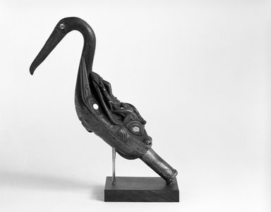 Tlingit. <em>Oyster Catcher Rattle</em>, late 19th century. Wood, abalone shell, 9 x 13 x 5 in. (22.9 x 33 x 12.7 cm). Brooklyn Museum, Brooklyn Museum Collection, 05.273. Creative Commons-BY (Photo: Brooklyn Museum, 05.273_view1_bw.jpg)