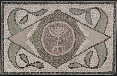 Roman. <em>Mosaic of Menorah</em>, 6th century C.E. Stone and mortar, 1 3/4 x 35 1/4 x 22 7/16 in. (4.4 x 89.5 x 57 cm). Brooklyn Museum, Museum Collection Fund, 05.27. Creative Commons-BY (Photo: Brooklyn Museum, 05.27_PS2.jpg)